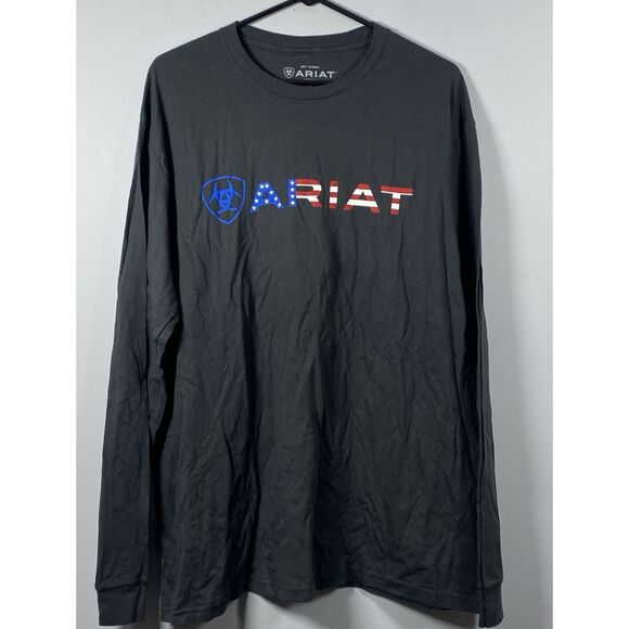 NWT Ariat Mens Black USA American Flag Spell Out T Shirt L/S Size XL Western‎ - Picture 1 of 5